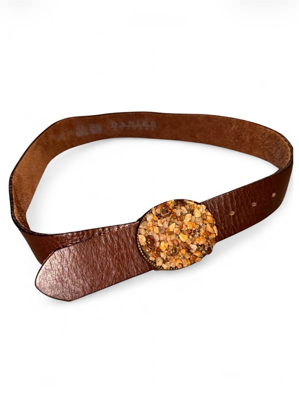 DANIER Vintage Brown Leather Belt with Stone Encrusted Oval Buckle